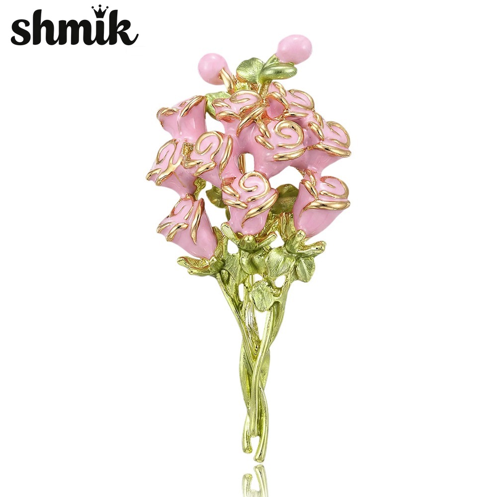 Women Accessories Bouquet - 여성용 핑크 에나멜 장미 꽃다발 브로치