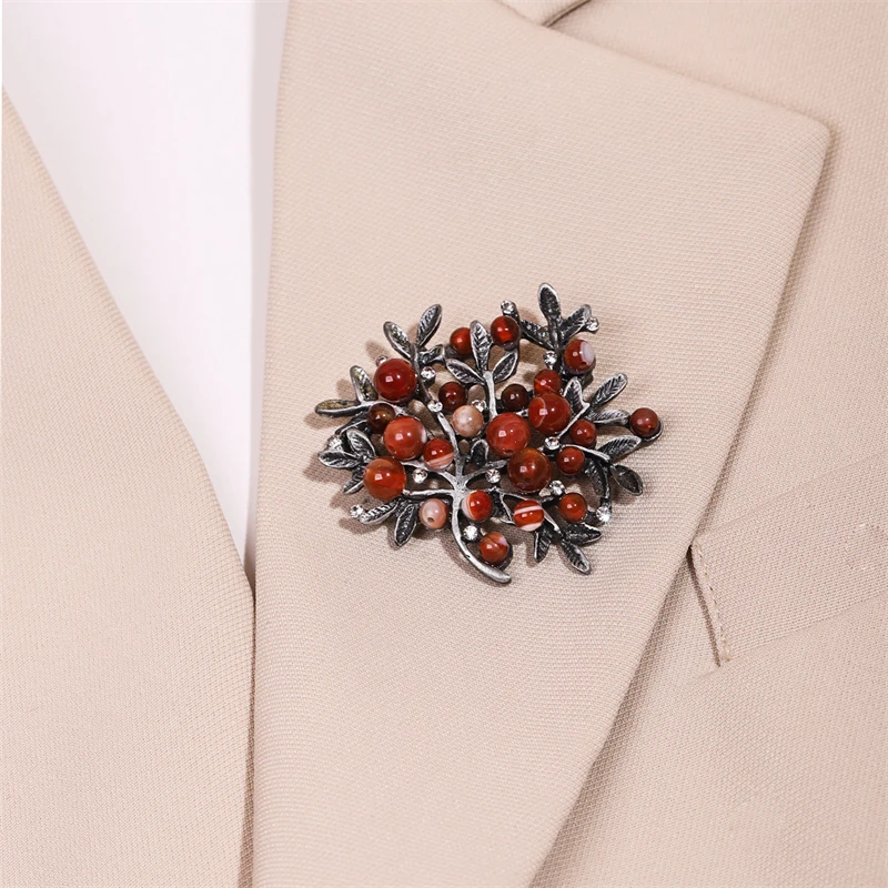 여성용 레드 라인석 나무 브로치, 천연 스톤 핀, 빈티 - Women Accessories Bouquet 리뷰 및 가격